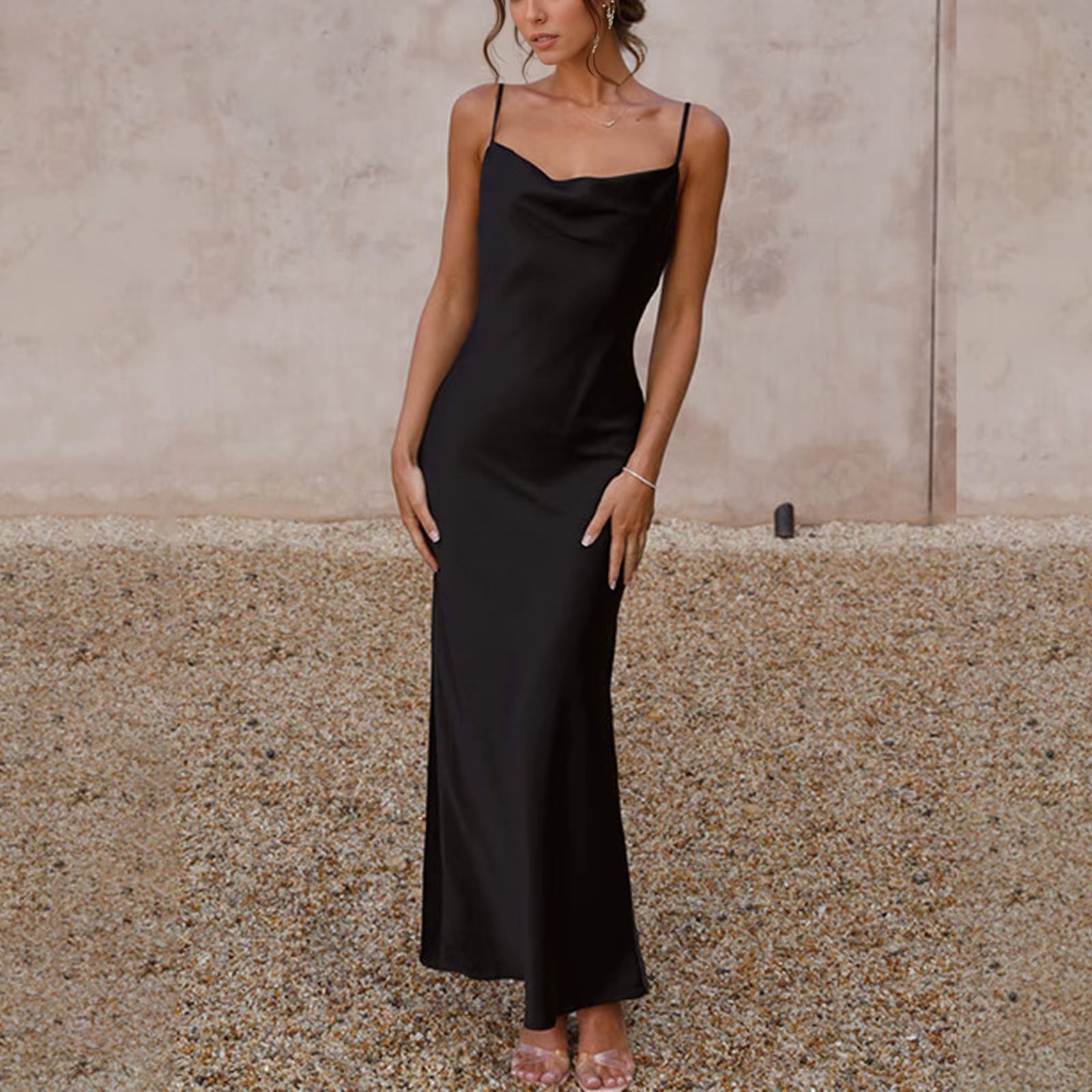Summer Dress Satin Spaghetti Strap Cowl Neck Backless Midi Dress Elegant Lace up Low Back Ruched Cocktail Dress Women Dress 2025