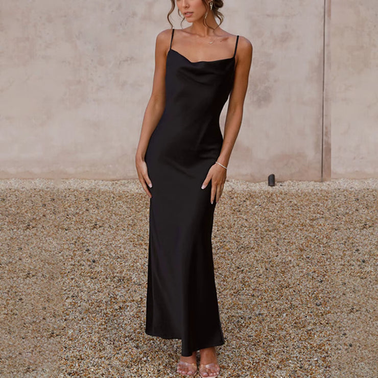 Summer Dress Satin Spaghetti Strap Cowl Neck Backless Midi Dress Elegant Lace up Low Back Ruched Cocktail Dress Women Dress 2025