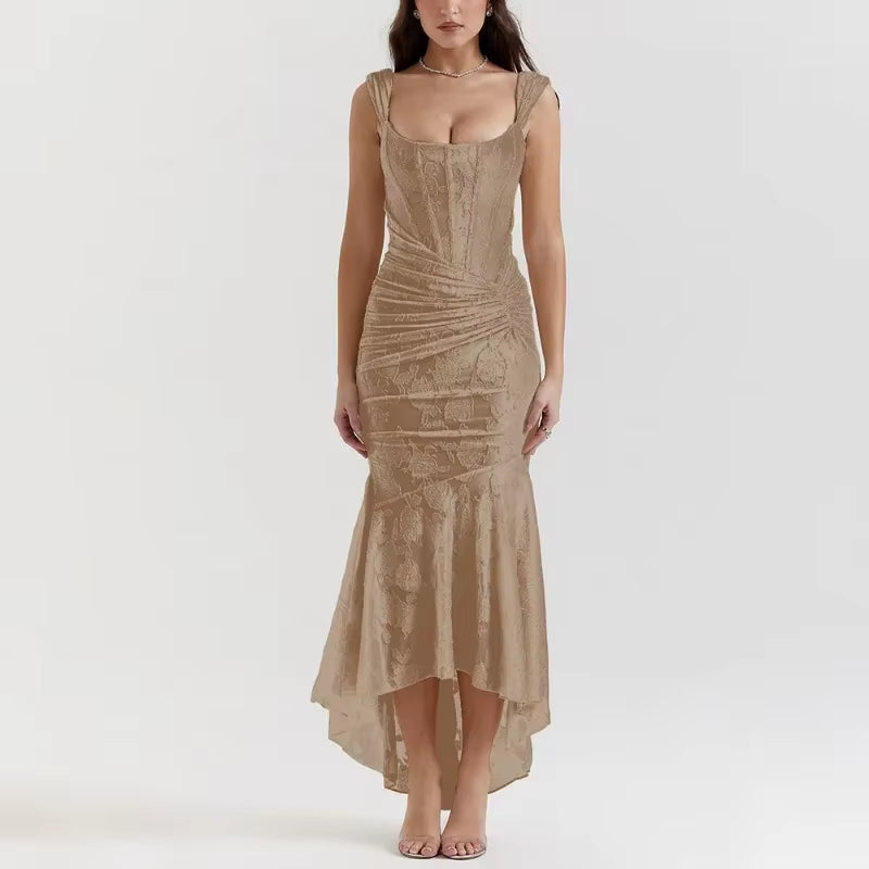 Elegant Evening Dress Women Sexy Fashion Backless Sleeveless Pleated Long Dress Female High Waist Luxury Printed Dress