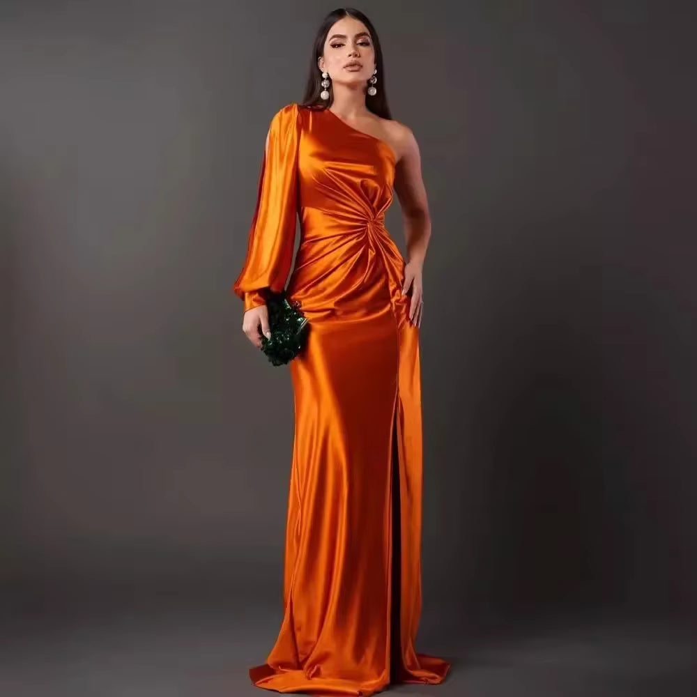 Evening Dress Women Party Long Dresses Backless Diagonal Collar Solid Folds Splice Tight Waist Elegant Sexy Split Vestidos