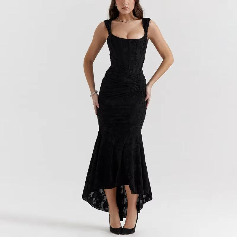 Elegant Evening Dress Women Sexy Fashion Backless Sleeveless Pleated Long Dress Female High Waist Luxury Printed Dress