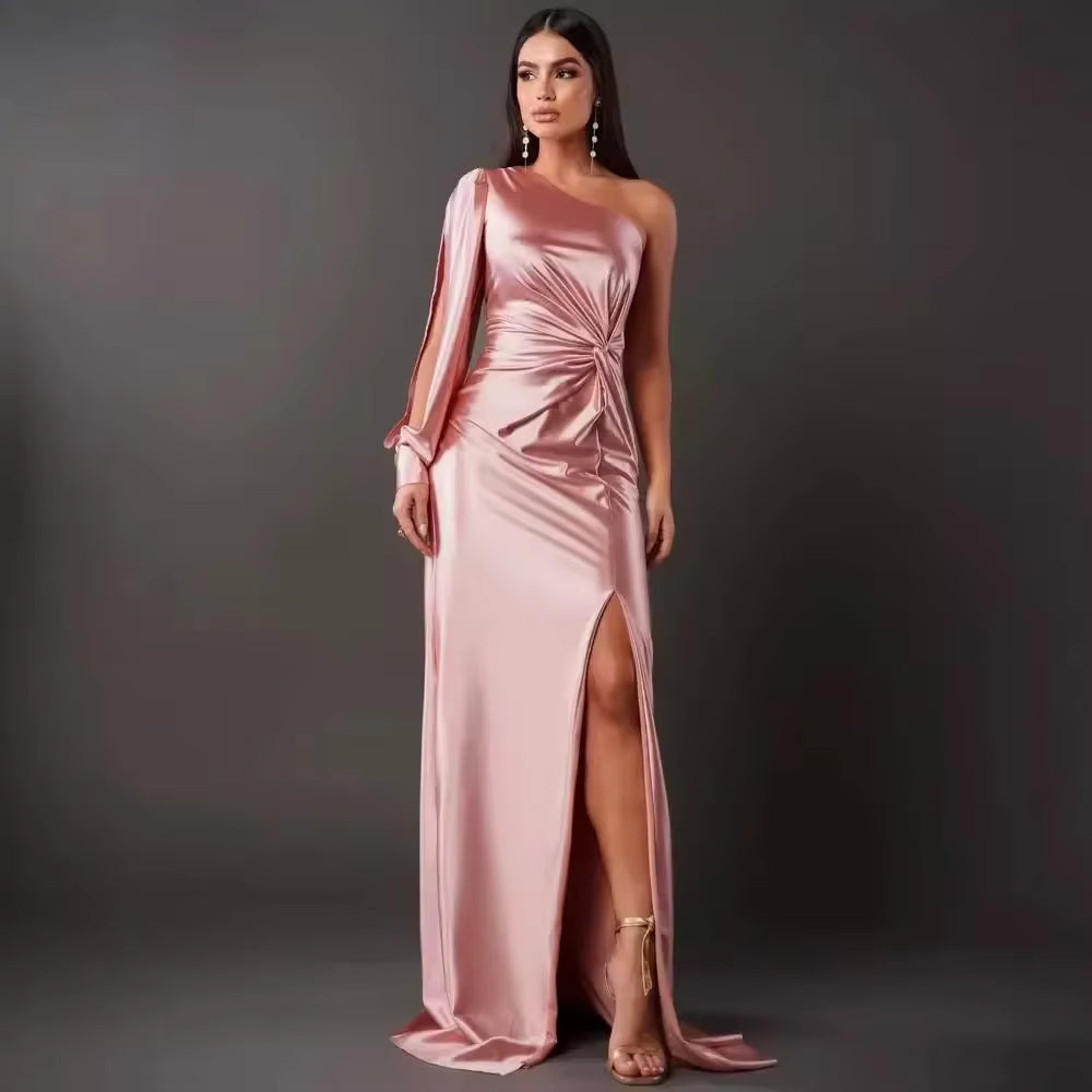 Evening Dress Women Party Long Dresses Backless Diagonal Collar Solid Folds Splice Tight Waist Elegant Sexy Split Vestidos