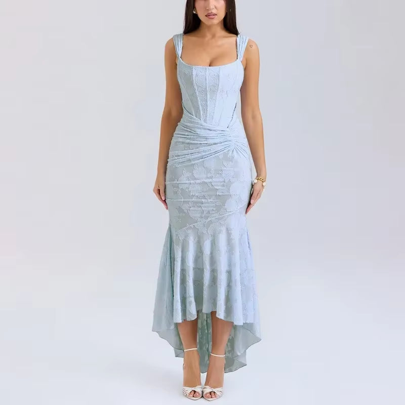 Elegant Evening Dress Women Sexy Fashion Backless Sleeveless Pleated Long Dress Female High Waist Luxury Printed Dress
