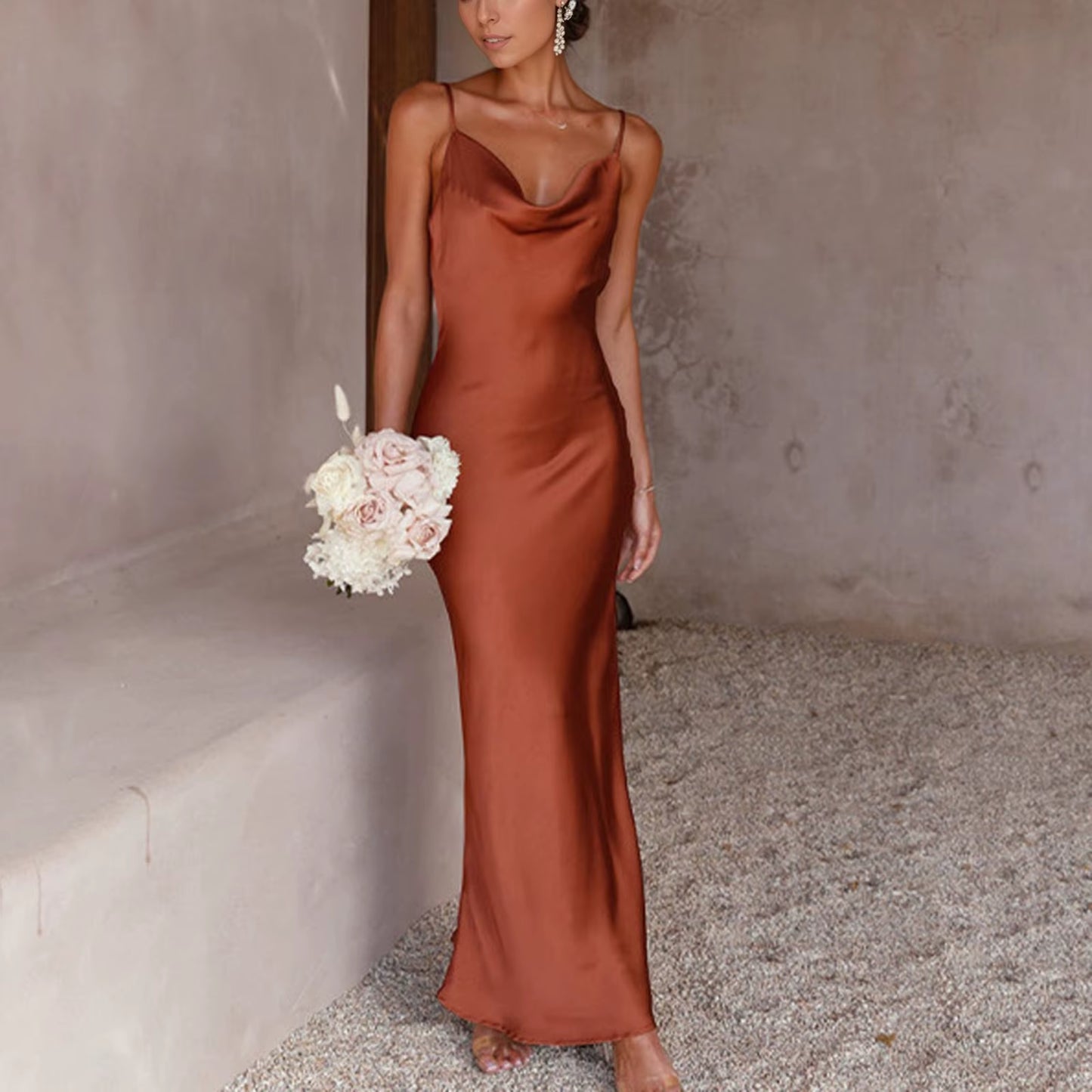 Summer Dress Satin Spaghetti Strap Cowl Neck Backless Midi Dress Elegant Lace up Low Back Ruched Cocktail Dress Women Dress 2025