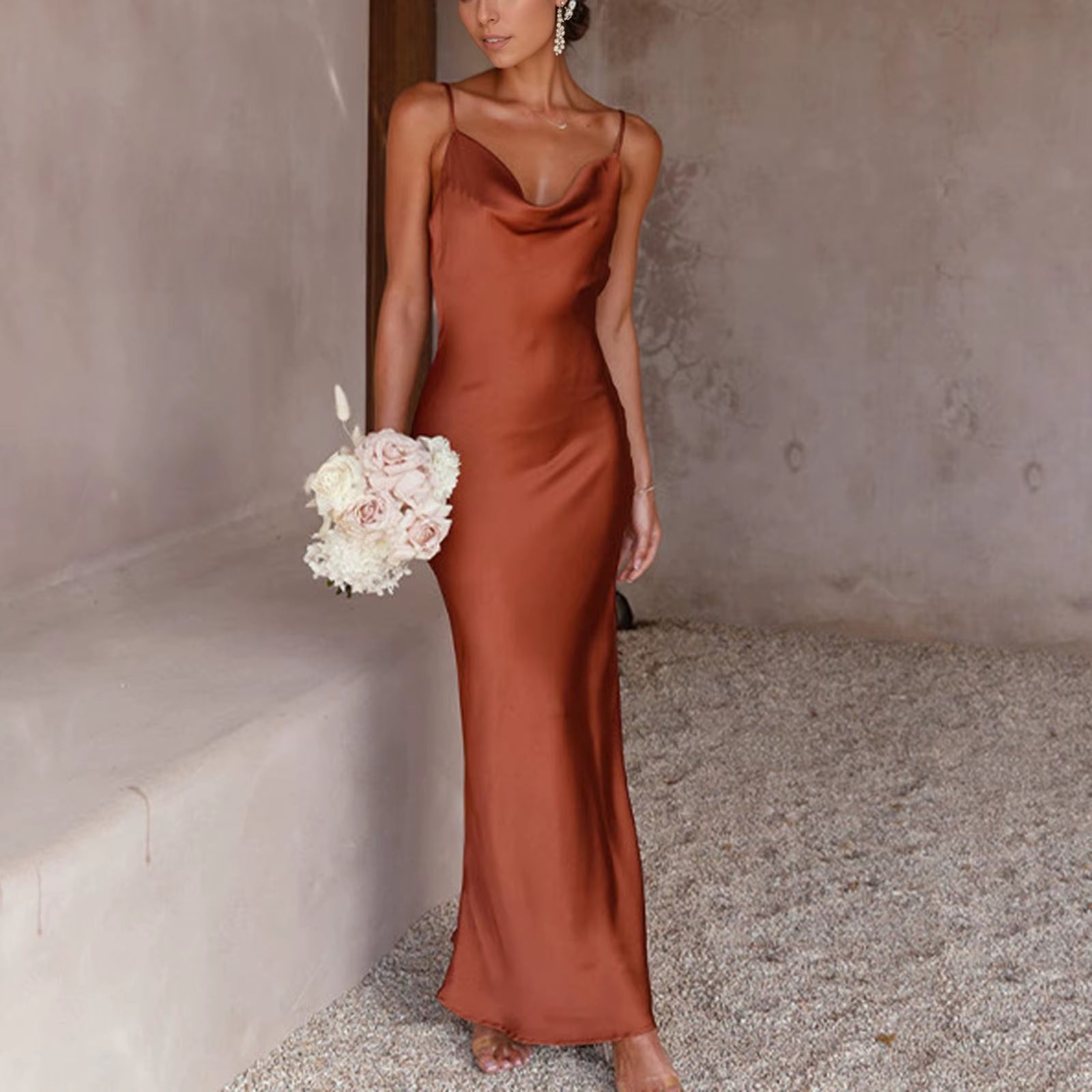 Summer Dress Satin Spaghetti Strap Cowl Neck Backless Midi Dress Elegant Lace up Low Back Ruched Cocktail Dress Women Dress 2025
