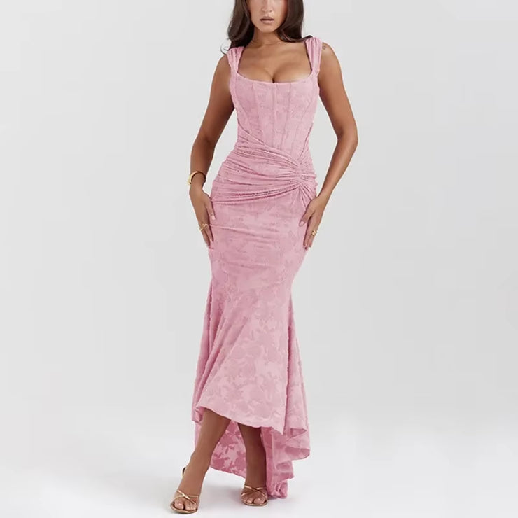 Elegant Evening Dress Women Sexy Fashion Backless Sleeveless Pleated Long Dress Female High Waist Luxury Printed Dress