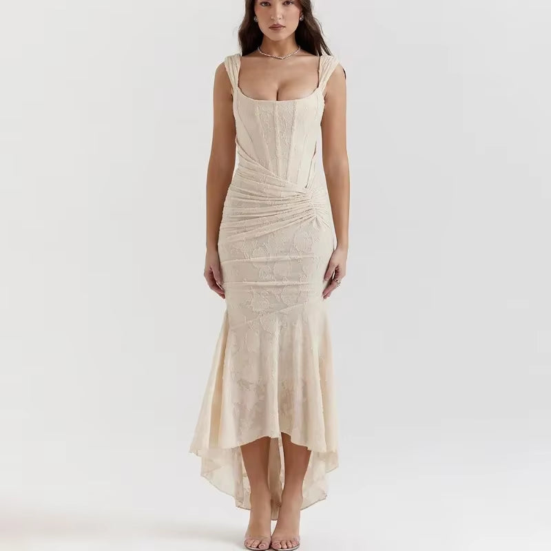 Elegant Evening Dress Women Sexy Fashion Backless Sleeveless Pleated Long Dress Female High Waist Luxury Printed Dress