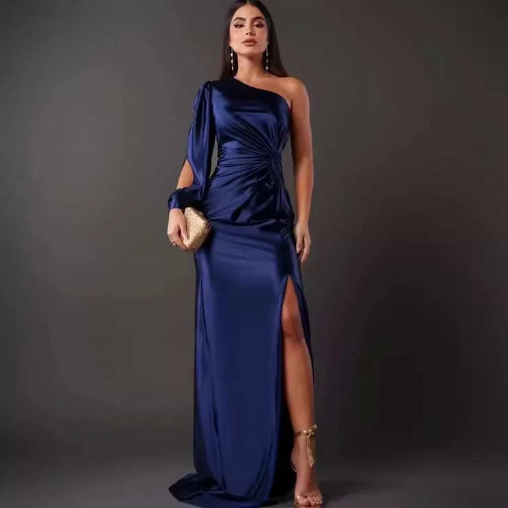 Evening Dress Women Party Long Dresses Backless Diagonal Collar Solid Folds Splice Tight Waist Elegant Sexy Split Vestidos