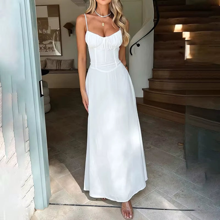 Elegant Maxi Long Waist Wrap A-Line Dress Women Spaghetti Strap 2025 Summer Fashion Dress Backless Sexy Party Dresses
