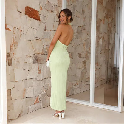 24-Year Spring Summer New Cross-Border Sexy Spicy Open-Back Halter Neck Slimming Dress Long Solid Color Dress for Women